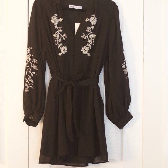 NWT Zara Black Embroidered Mini Dress - Picture 1 of 8